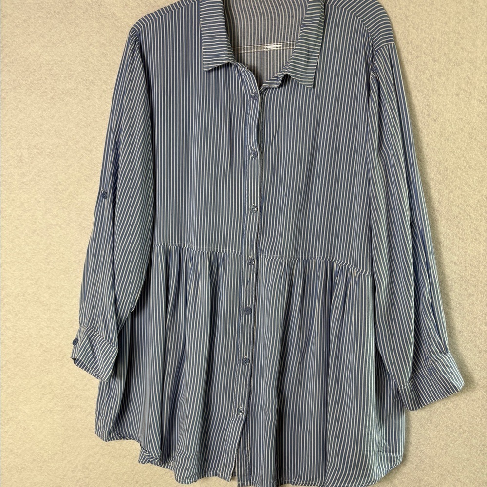 Solitaire Blue and White Striped Peplum Button-Up Tunic